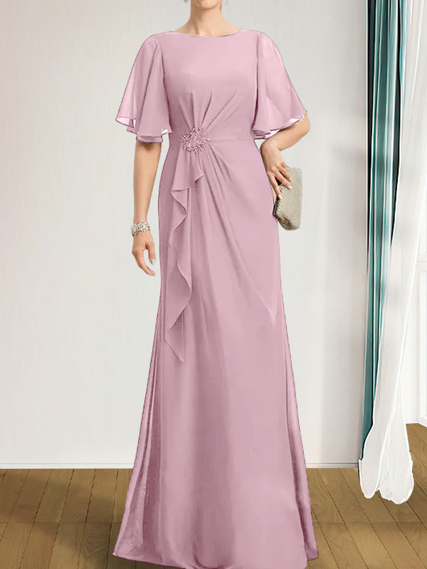 Robe de mère de la mariée en mousseline longueur au sol, en ligne A, décolleté arrondi, avec volants en cascade, perles et paillettes