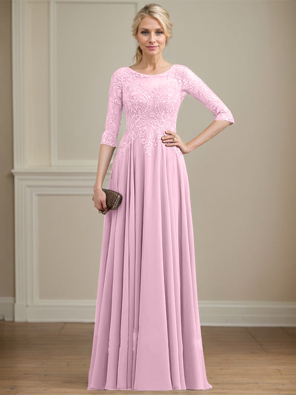 A-Linie, U-Ausschnitt, Illusion, bodenlanges Spitzen-Chiffon-Kleid für die Brautmutter mit Pailletten 