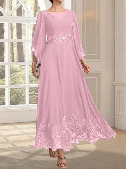 A-Linie, U-Ausschnitt, Illusion, knöchellang, Spitzen-Chiffon, Kleid für die Brautmutter mit Pailletten 