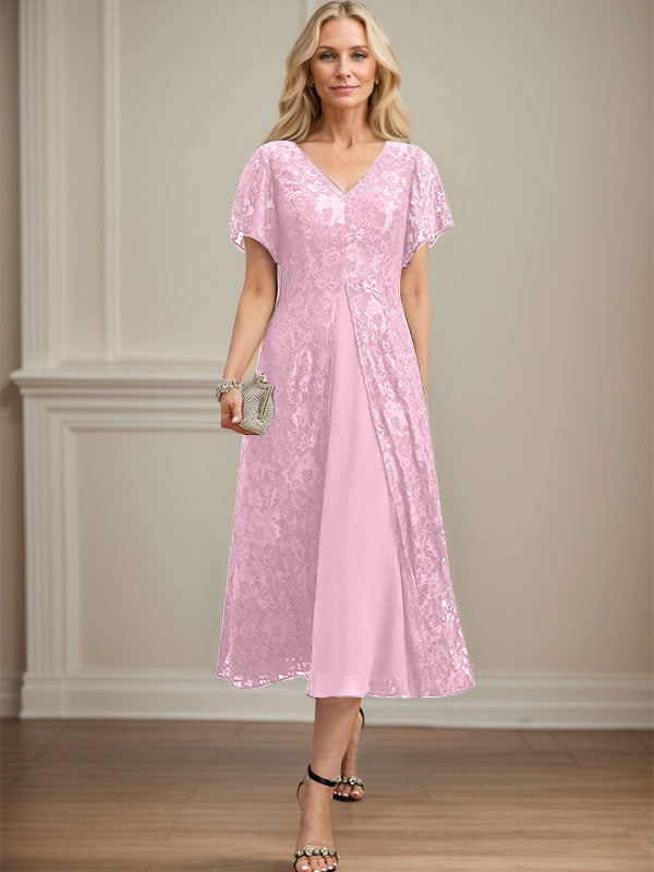 A-Linie V-Ausschnitt Wadenlanges Chiffon-Kleid für die Brautmutter 