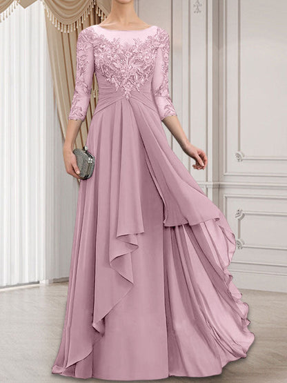 A-Linie, U-Ausschnitt, Illusion, bodenlanges Chiffon-Kleid für die Brautmutter mit kaskadierenden Rüschen
