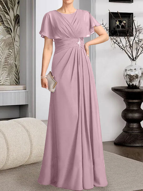 Robe de mère de la mariée en mousseline, longueur au sol, en ligne A, décolleté arrondi, ornée de perles plissées