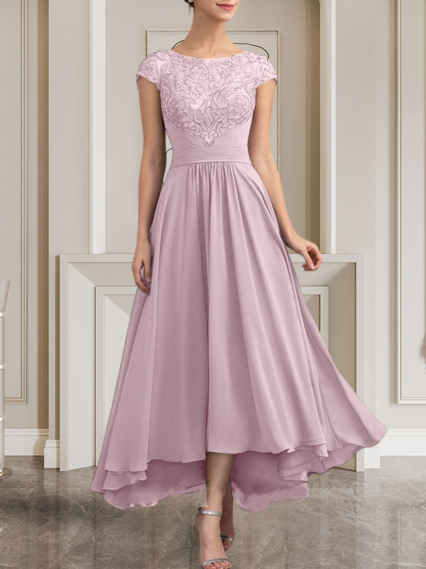 A-Linie U-Ausschnitt Bodenlang Spitzen-Chiffon-Kleid für die Brautmutter mit Pailletten