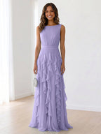 Sky Blue Tiered Chiffon Evening Maxi Dress With Ruched Bodice
