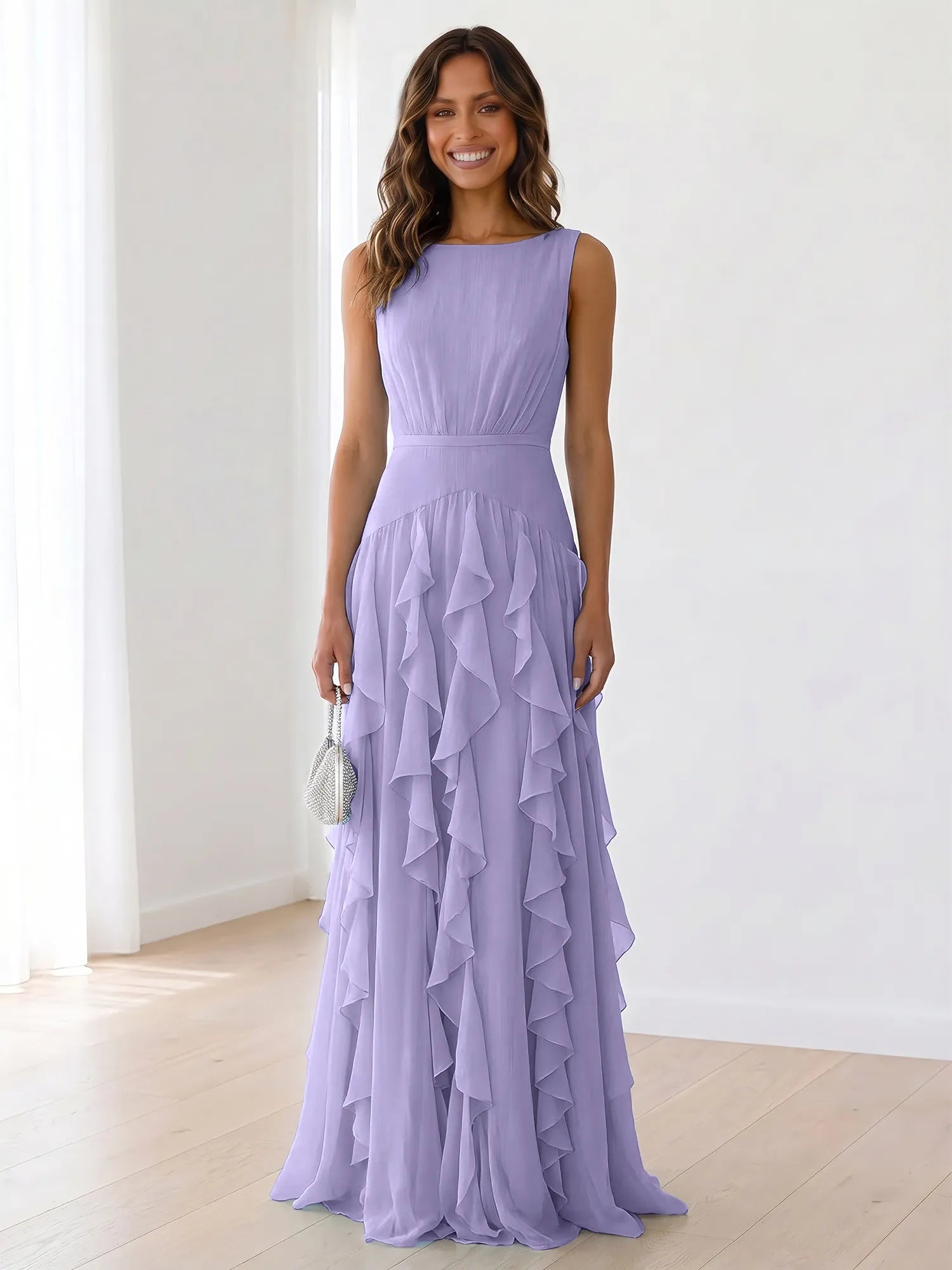Sky Blue Tiered Chiffon Evening Maxi Dress With Ruched Bodice
