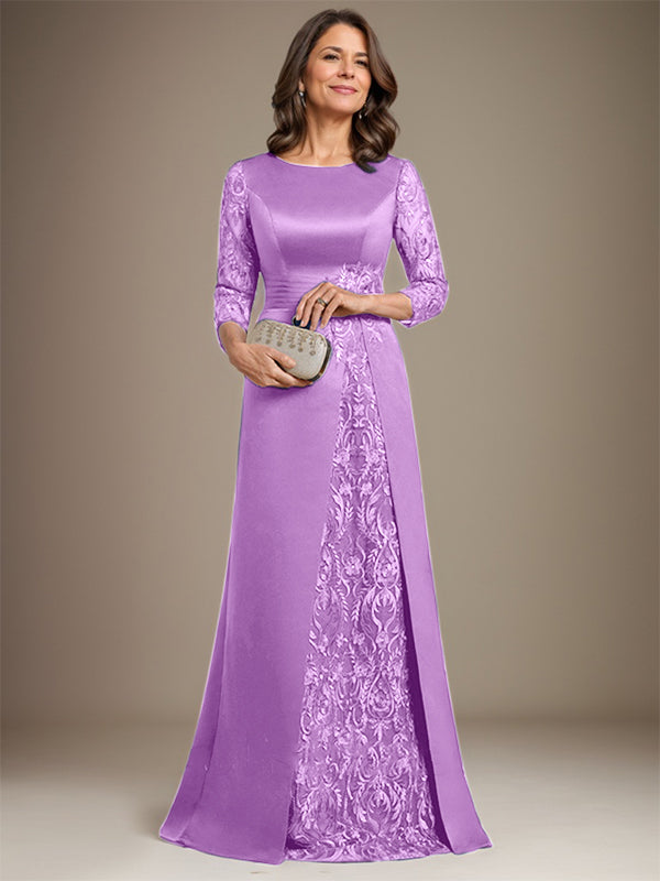 A-Line Scoop Floor-Length Lace Satin Mother Of the Bride Dress With Applique