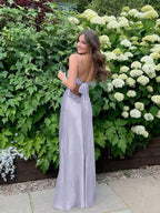 Blue A Line V Neck Beaded Back Tie Long Prom Dress