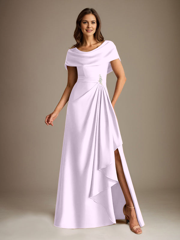 Robe de mère de la mariée en satin extensible, longueur au sol, coupe en A avec encolure dégagée et volants en cascade