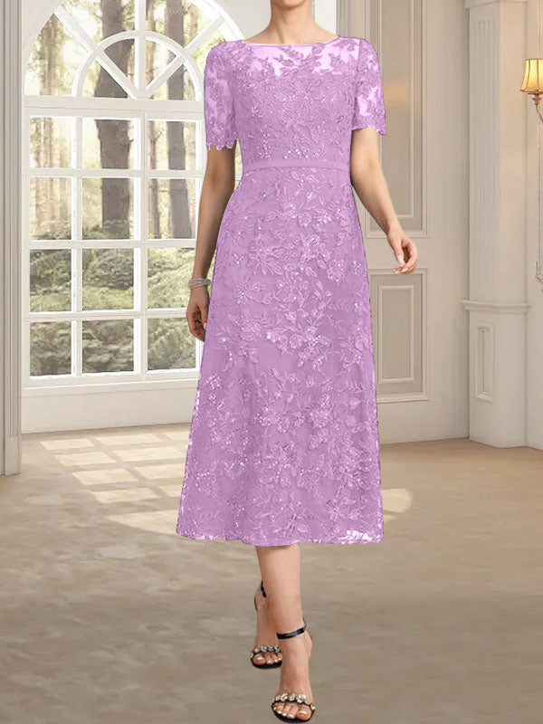 A-Linie, U-Ausschnitt, Illusion, knielang, Spitze, Kleid für die Brautmutter mit Pailletten