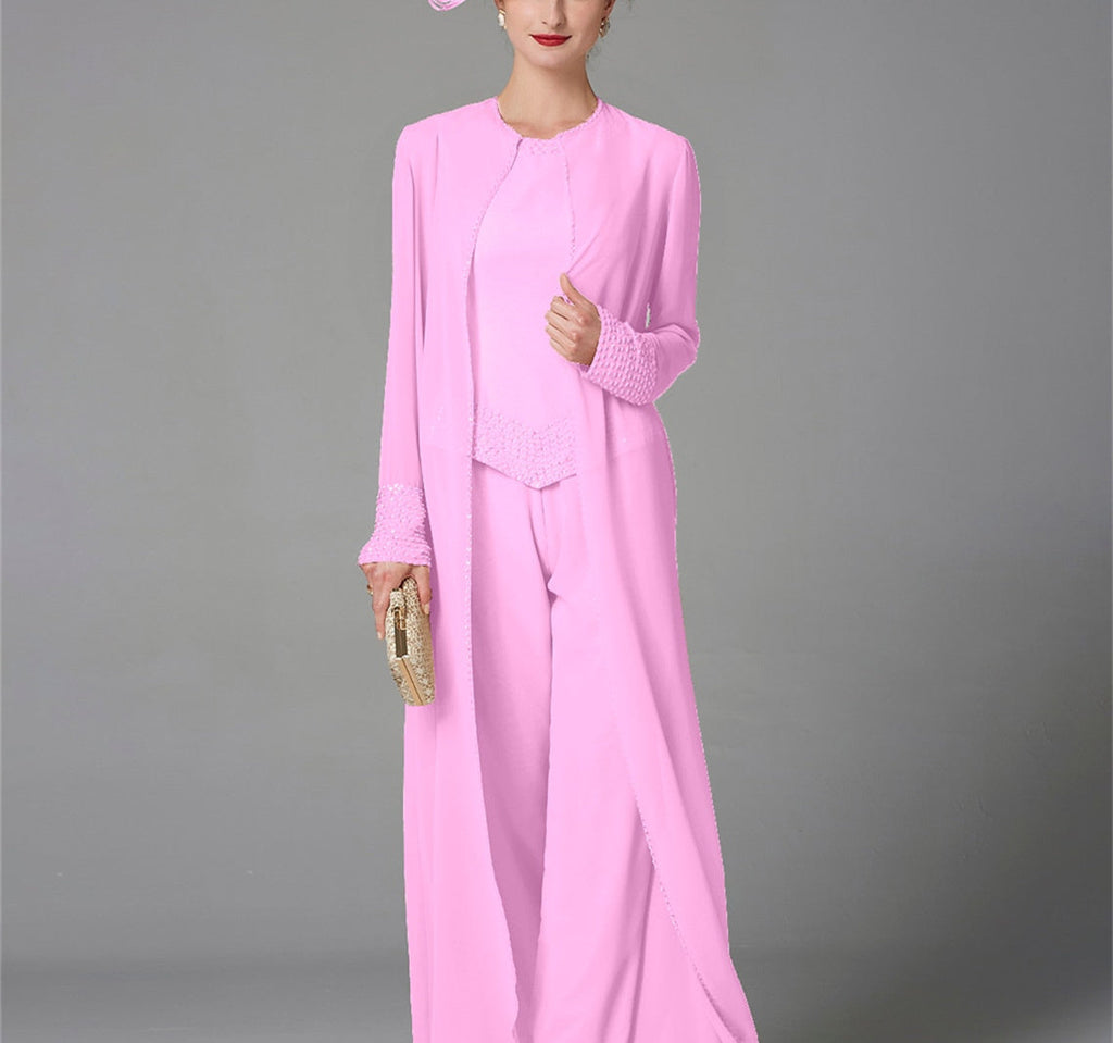 Mother Of The Bride Pantsuit With Jacket And Sequins Long Sleeve Chiffon