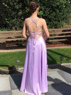 Lilac Satin A Line Prom Dress With Spaghetti Straps And Lace Up Back