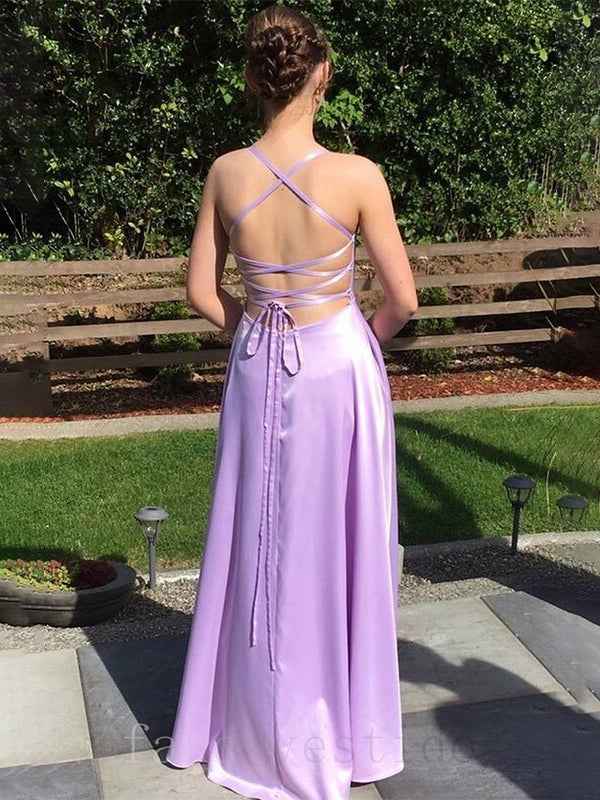 Lilac Satin A Line Prom Dress With Spaghetti Straps And Lace Up Back