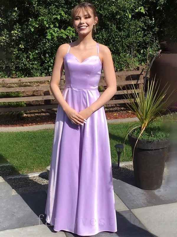 Lilac Satin A Line Prom Dress With Spaghetti Straps And Lace Up Back