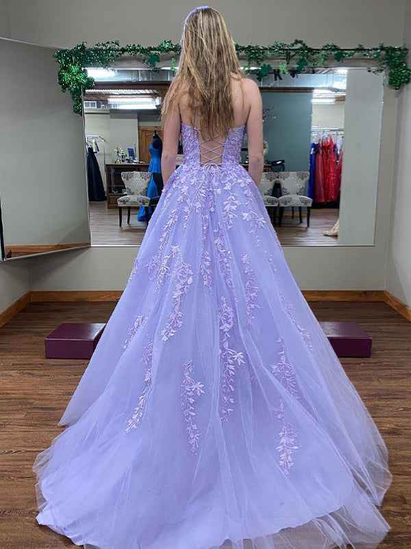 Lilac A Line Square Neck Long Prom Dress With Appliques