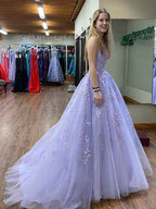 Lilac A Line Square Neck Long Prom Dress With Appliques