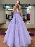 Lilac A Line Square Neck Long Prom Dress With Appliques