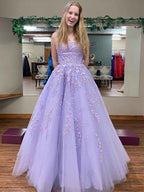 Lilac A Line Square Neck Long Prom Dress With Appliques