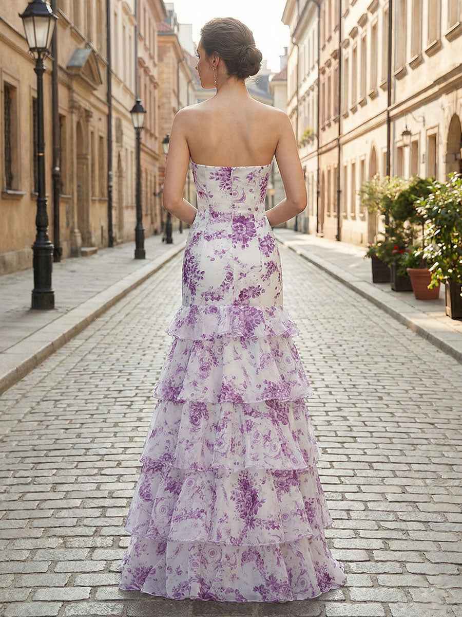 Floral Print Strapless Tiered Long Mermaid Prom Dress With Ruffles