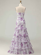 Floral Print Strapless Tiered Long Mermaid Prom Dress With Ruffles