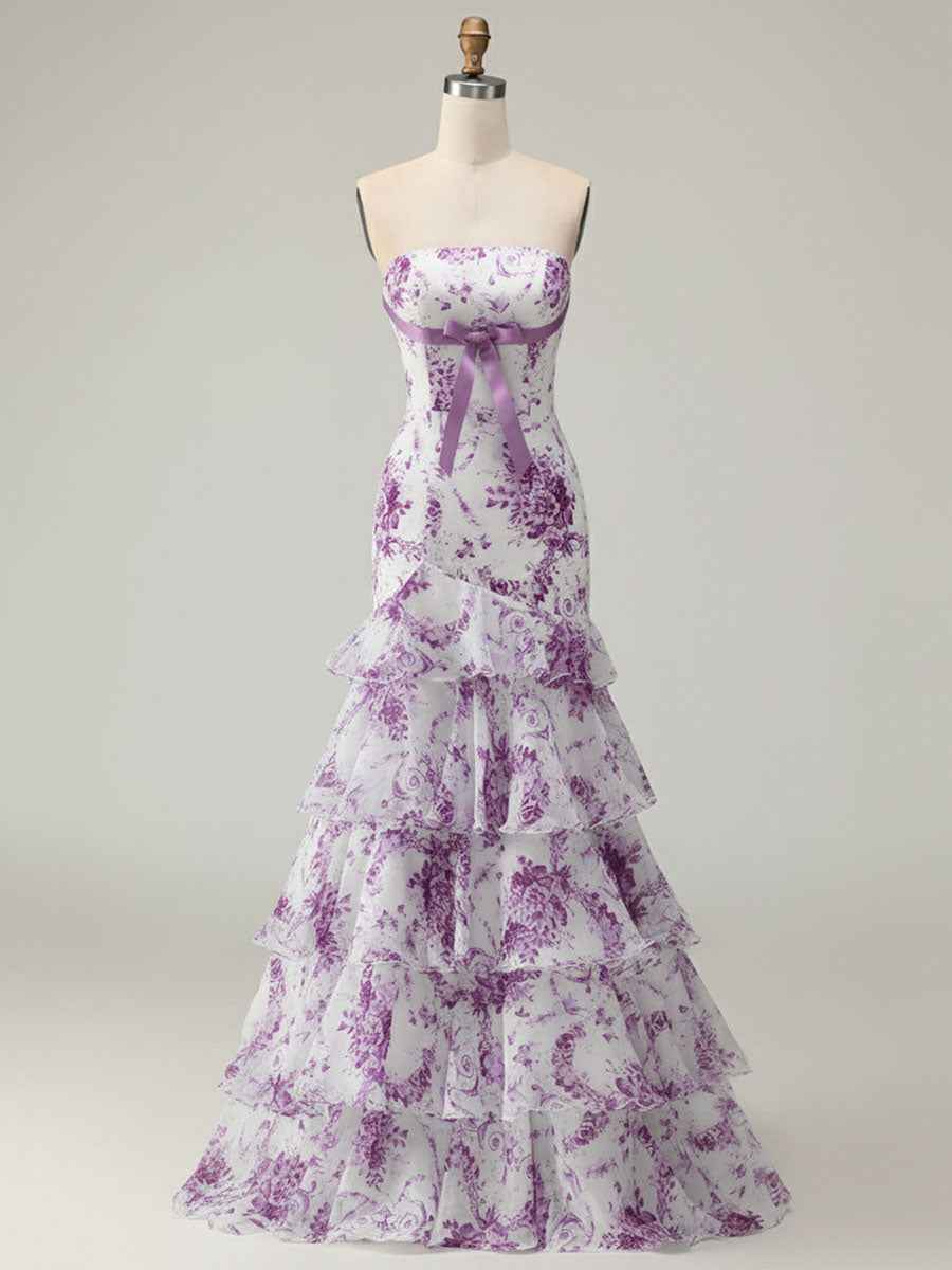 Floral Print Strapless Tiered Long Mermaid Prom Dress With Ruffles
