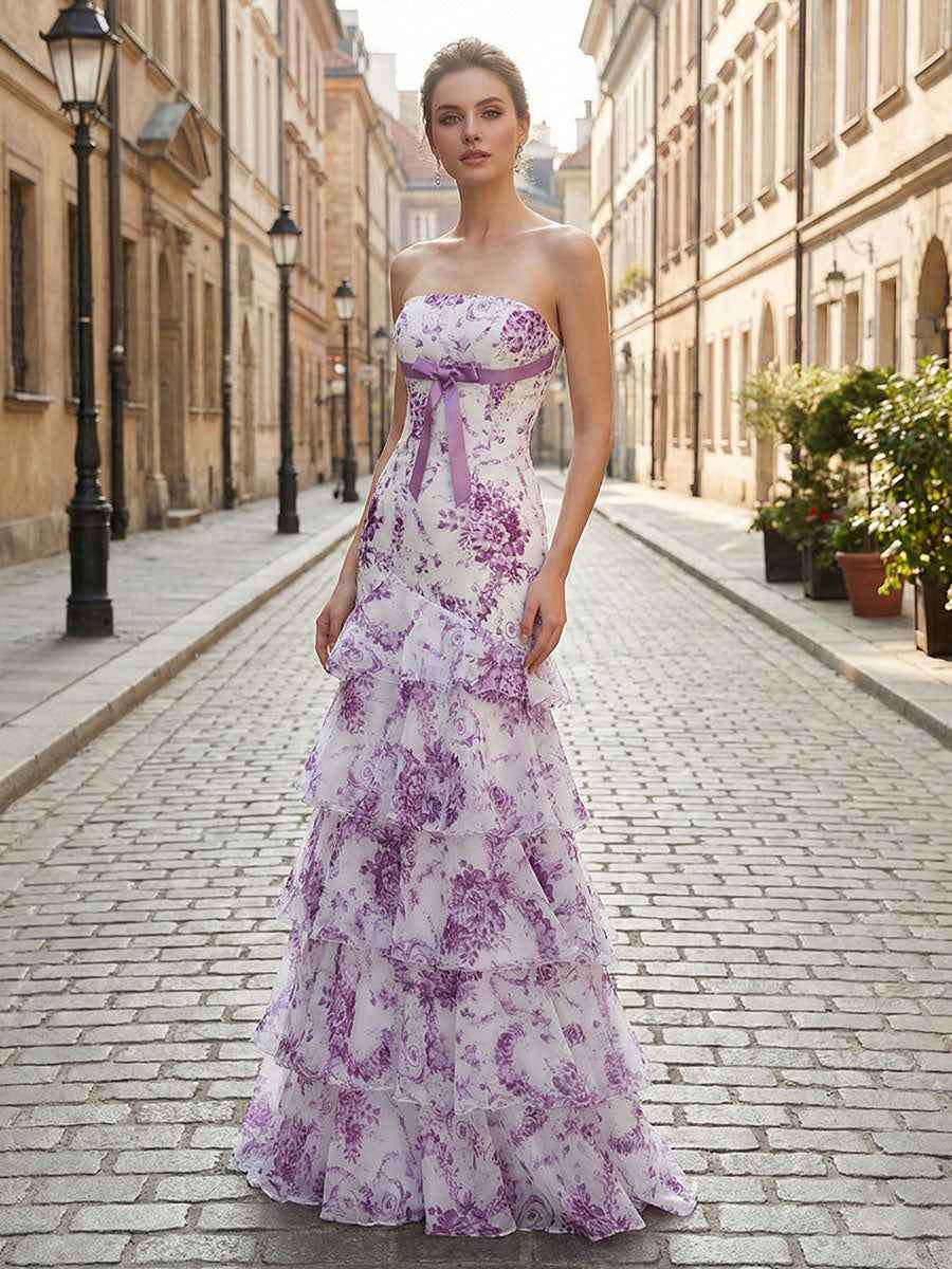 Floral Print Strapless Tiered Long Mermaid Prom Dress With Ruffles