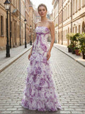 Floral Print Strapless Tiered Long Mermaid Prom Dress With Ruffles