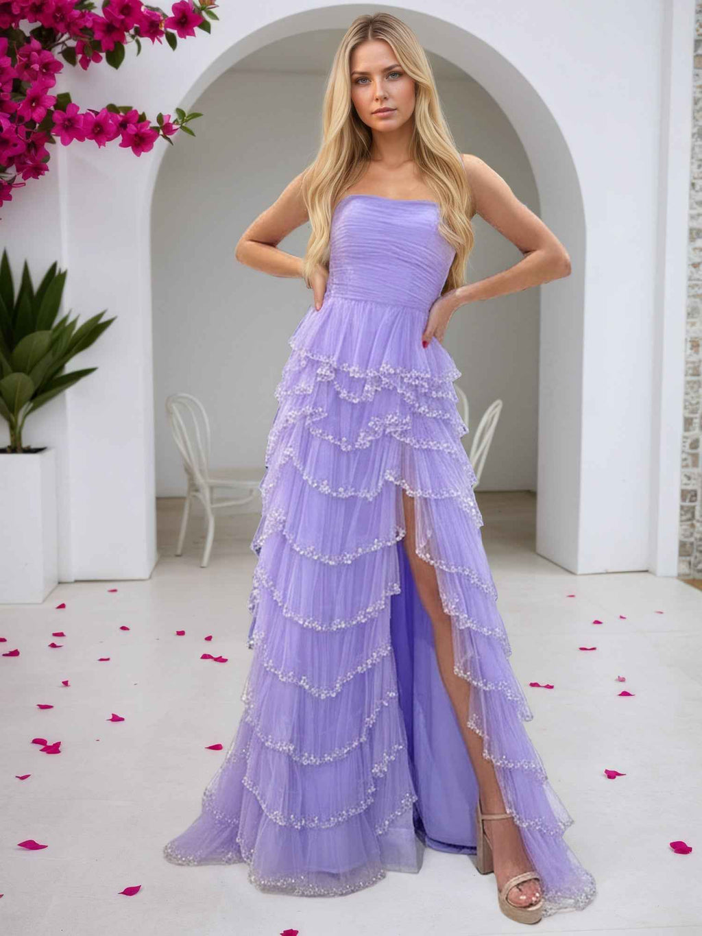 Lilac Strapless Sequin Tulle Tiered Ruffled Prom Dress With Slit