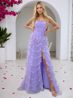 Lilac Strapless Sequin Tulle Tiered Ruffled Prom Dress With Slit