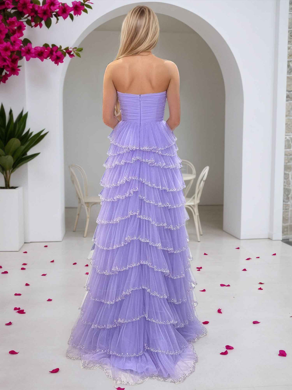 Lilac Strapless Sequin Tulle Tiered Ruffled Prom Dress With Slit