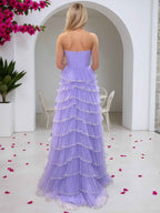 Lilac Strapless Sequin Tulle Tiered Ruffled Prom Dress With Slit