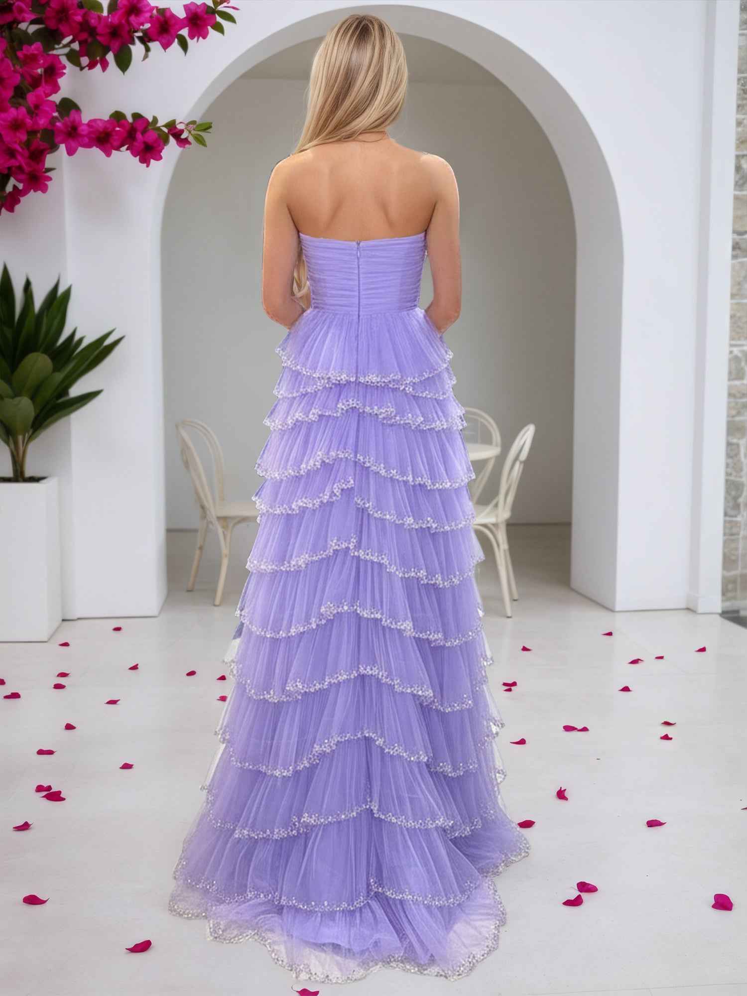 Lilac Strapless Sequin Tulle Tiered Ruffled Prom Dress With Slit