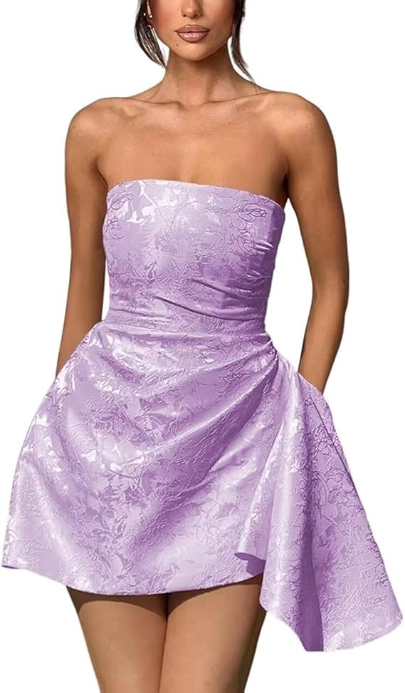 Robe courte de retour à la maison sans bretelles ni manches en satin jacquard, coupe en A, lacée asymétrique, robes de fête