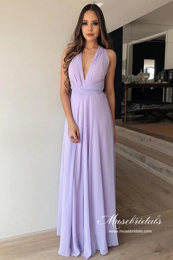 Abito da damigella semplice lilla in chiffon, linea a trapezio, scollo a V, lunghezza fino al pavimento