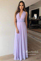 Abito da damigella semplice lilla in chiffon, linea a trapezio, scollo a V, lunghezza fino al pavimento