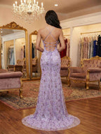 Lilac Floral V-Neck Spaghetti Strap Prom Dress With High Slit