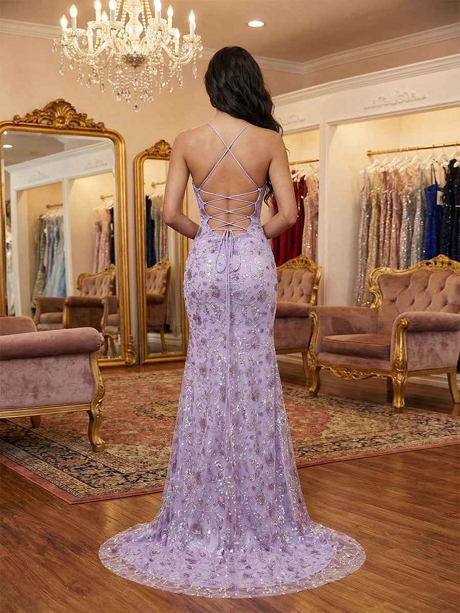 Lilac Floral V-Neck Spaghetti Strap Prom Dress With High Slit