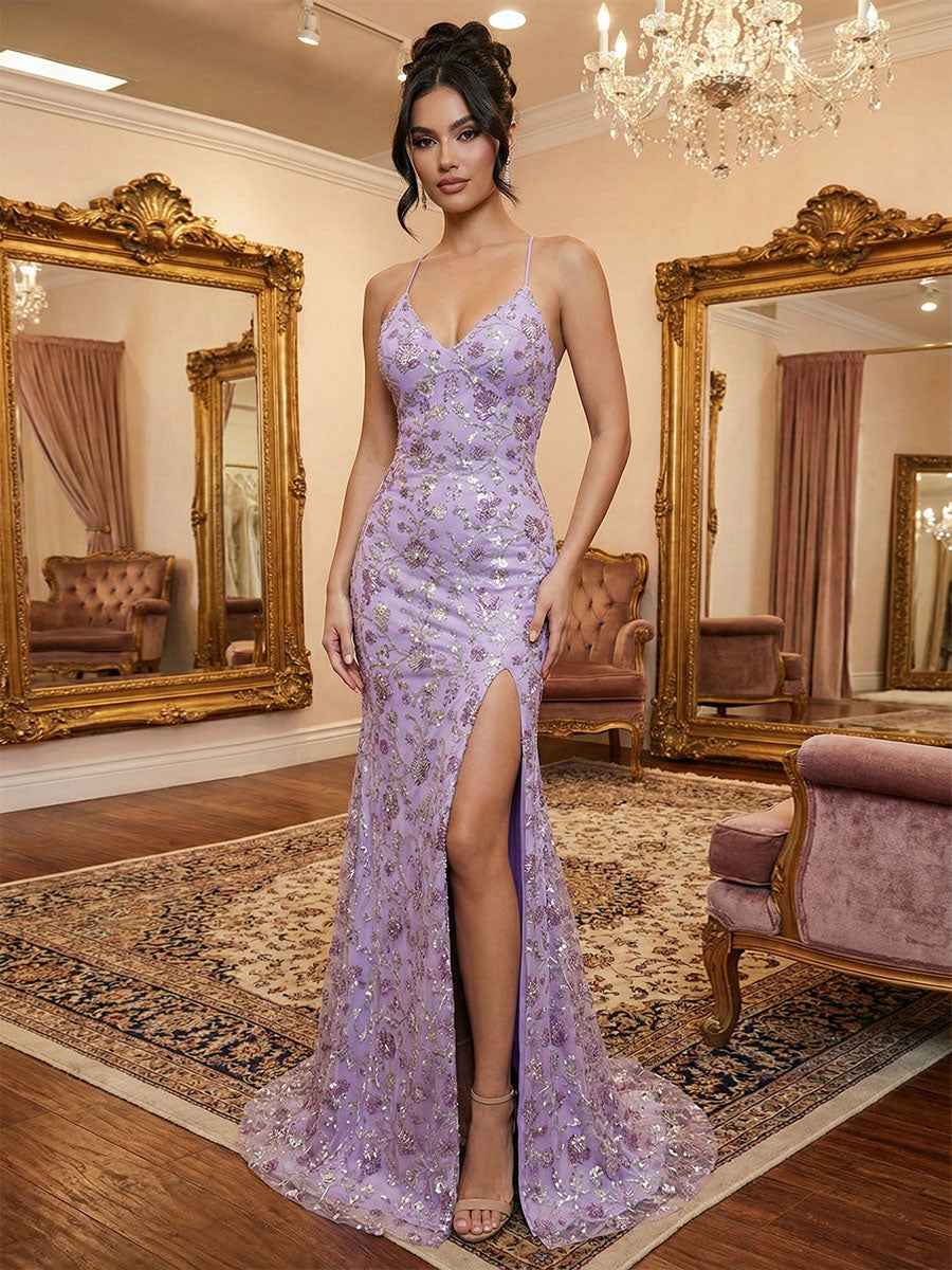 Lilac Floral V-Neck Spaghetti Strap Prom Dress With High Slit