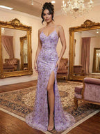 Lilac Floral V-Neck Spaghetti Strap Prom Dress With High Slit