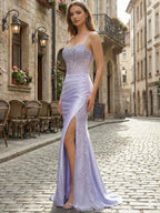 Lilac Lace Applique Satin Corset Prom Dress With Sweetheart Neckline And Slit