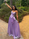 Ethereal Lilac Metallic Strapless A-Line Prom Dress With Bow