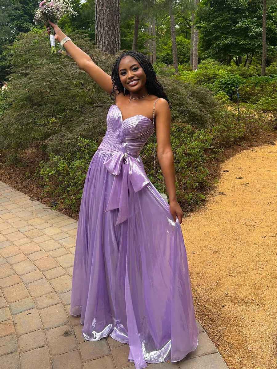 Ethereal Lilac Metallic Strapless A-Line Prom Dress With Bow