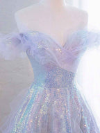 Lilac Off The Shoulder Sequined Tulle Boho Prom Dress With Ruffles