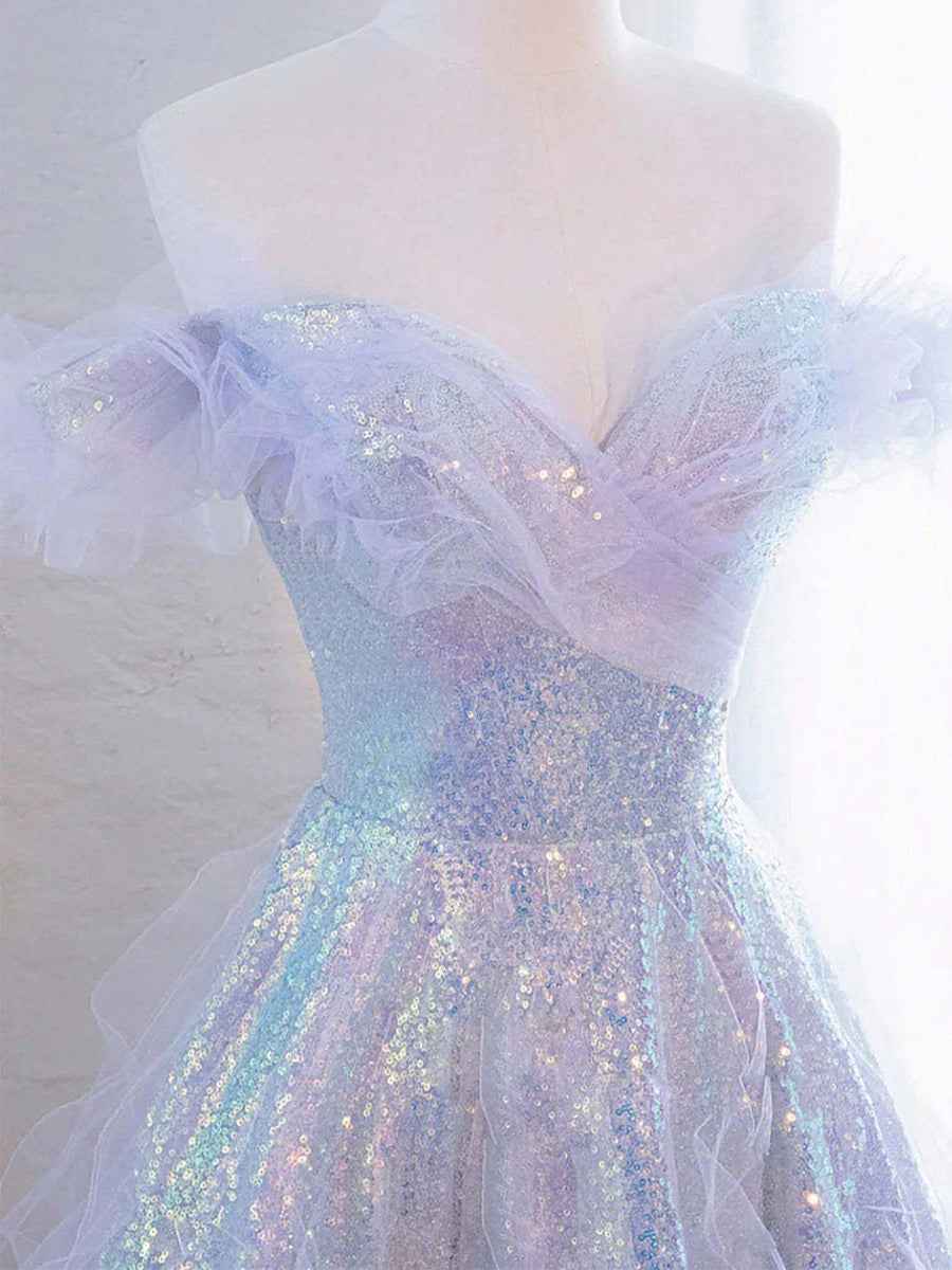 Lilac Off The Shoulder Sequined Tulle Boho Prom Dress With Ruffles