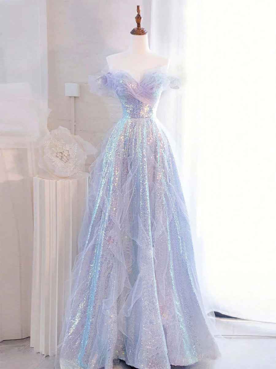 Lilac Off The Shoulder Sequined Tulle Boho Prom Dress With Ruffles