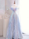 Lilac Off The Shoulder Sequined Tulle Boho Prom Dress With Ruffles