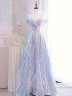 Lilac Off The Shoulder Sequined Tulle Boho Prom Dress With Ruffles