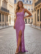 Lilac Sequin Fringe Square Neck Open Back Prom Dress