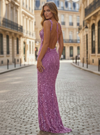 Lilac Sequin Fringe Square Neck Open Back Prom Dress