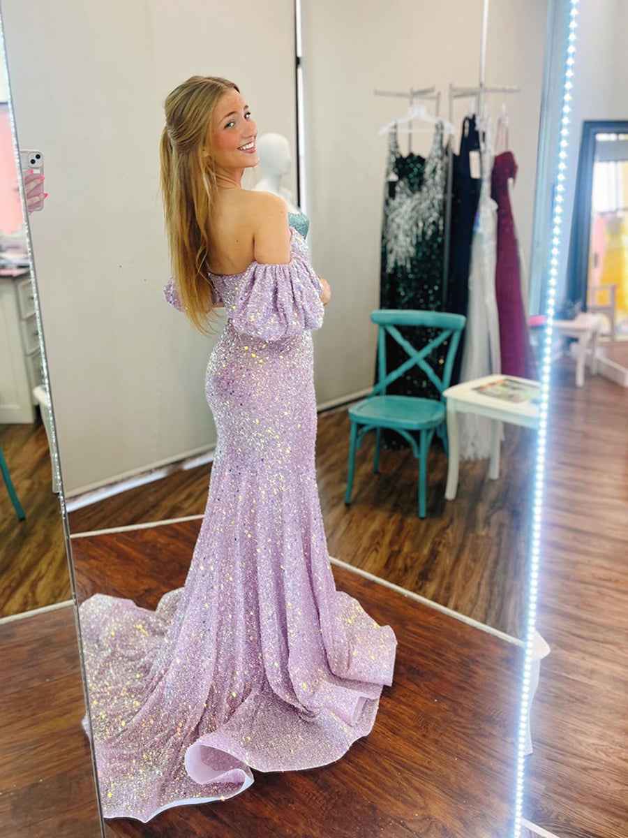 Lilac Sequin Off Shoulder Puff Sleeve Prom Gown