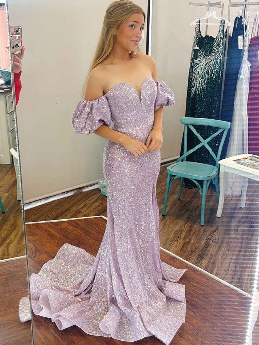 Lilac Sequin Off Shoulder Puff Sleeve Prom Gown